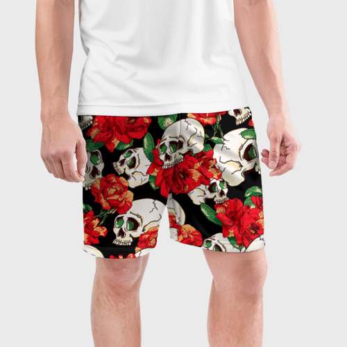 Мужские шорты спортивные с принтом Черепки и розы, фото на моделе #1