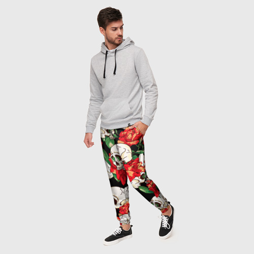 Мужские брюки 3D с принтом Черепки и розы, фото на моделе #1
