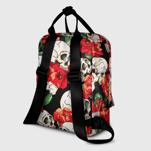 Женский рюкзак 3D с принтом Черепки и розы, вид сзади #1