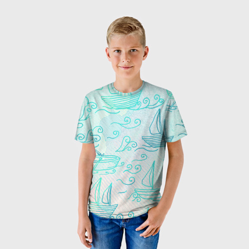 Детская футболка 3D с принтом Лазурные корабли, фото на моделе #1