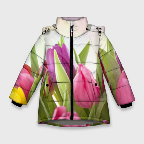 Зимняя куртка для девочек 3D с принтом Тюльпаны, вид спереди #2