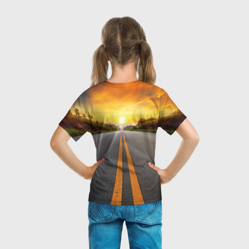 Детская футболка 3D с принтом Дорога в закат, вид сзади #2