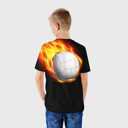 Детская футболка 3D с принтом Волейбольный мяч летит в огне, вид сзади #2