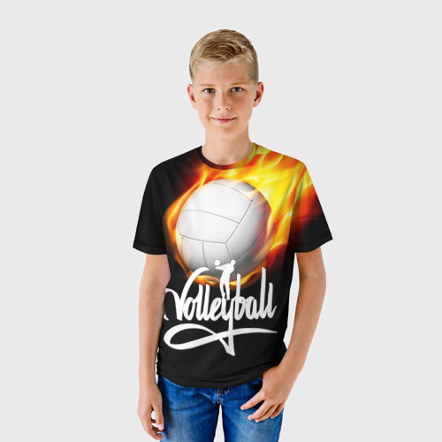 Детская футболка 3D с принтом Волейбольный мяч летит в огне, фото на моделе #1