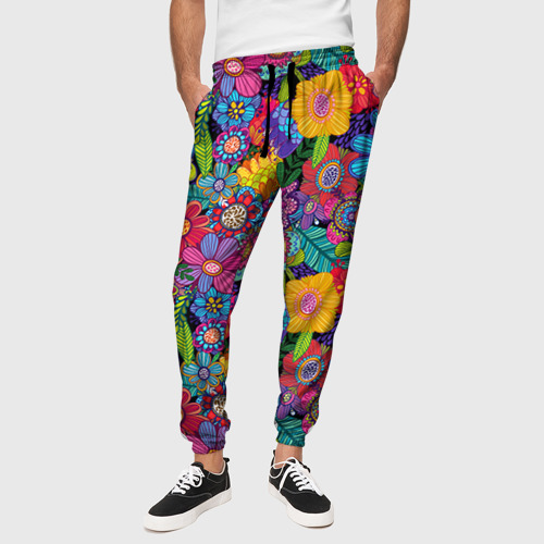Мужские брюки 3D с принтом Яркие цветы, вид сбоку #3