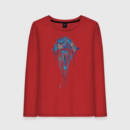 Женский лонгслив хлопок с принтом Синяя медуза, вид спереди #2