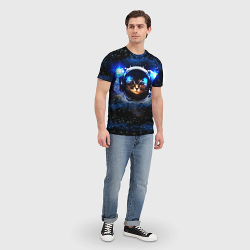 Мужская 3D футболка с принтом Кот космонавт, вид сбоку #3