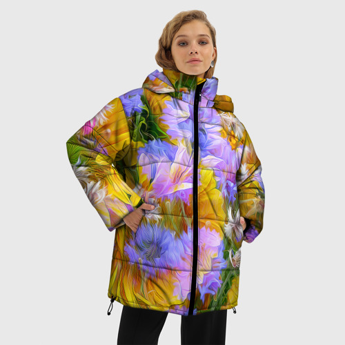 Женская зимняя куртка 3D с принтом Живописные цветы, фото на моделе #1