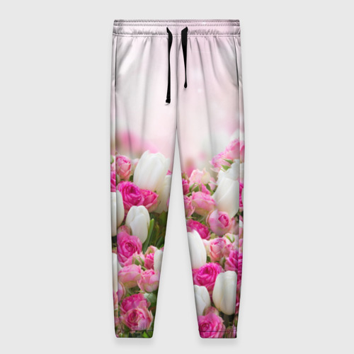 Женские брюки 3D с принтом Нежные розы, вид спереди #2