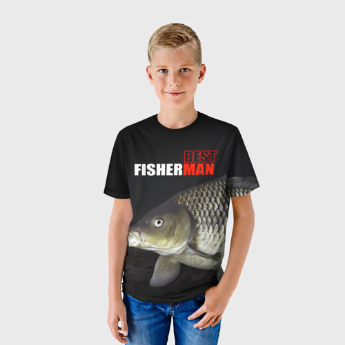 Детская футболка 3D с принтом Лучший рыбак, фото на моделе #1