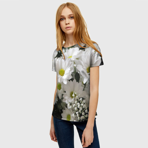 Женская футболка 3D с принтом Белоснежное цветение, фото на моделе #1