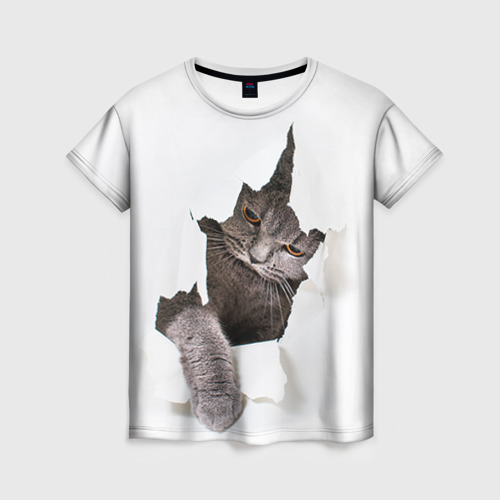 Женская футболка 3D с принтом Британец кот рвётся наружу, вид спереди #2