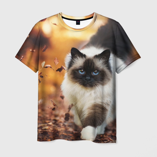 Мужская футболка 3D с принтом Котик в листьях, вид спереди #2
