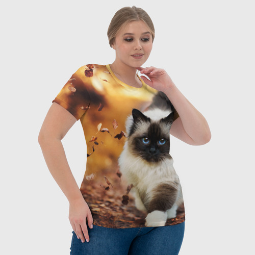 Женская футболка 3D с принтом Котик в листьях, фото #4