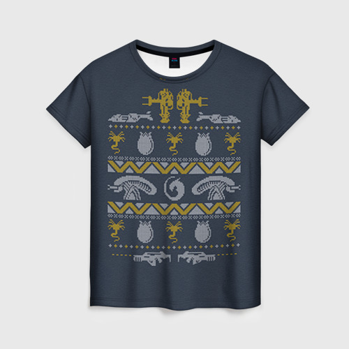 Женская футболка 3D с принтом Новогодний свитер Чужой, вид спереди #2