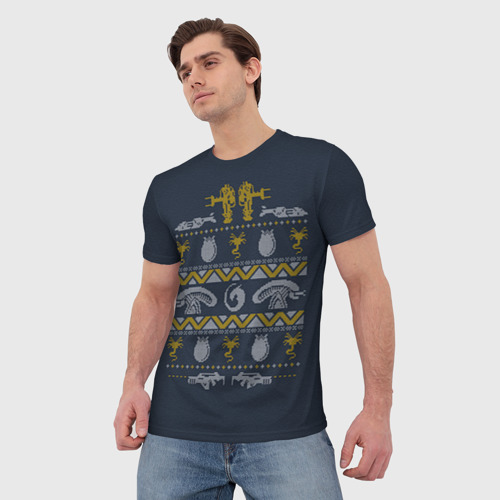 Мужская 3D футболка с принтом Новогодний свитер Чужой, фото на моделе #1