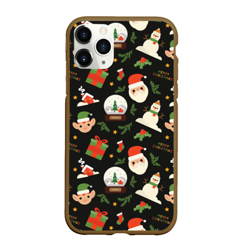 Чехол для iPhone 11 Pro матовый с принтом Санта, эльф и снеговик, вид спереди #2