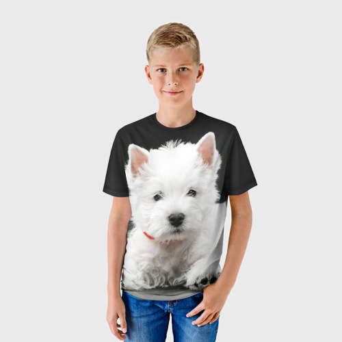 Детская футболка 3D с принтом Вест-хайленд-уайт-терьер, фото на моделе #1