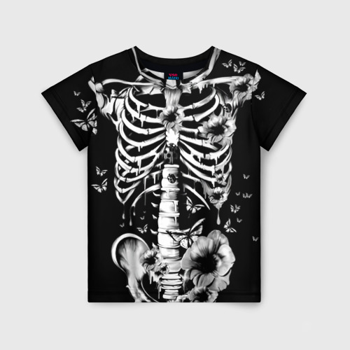Детская футболка 3D с принтом Floral Skeleton, вид спереди #2