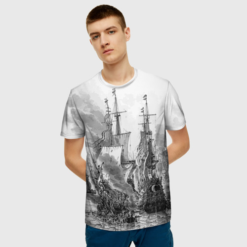 Мужская 3D футболка с принтом Морской бой, фото на моделе #1