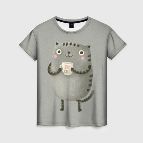 Женская футболка 3D с принтом Cat Love Kill, вид спереди #2