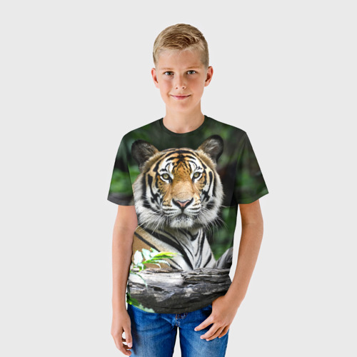 Детская футболка 3D с принтом Тигр в джунглях, фото на моделе #1