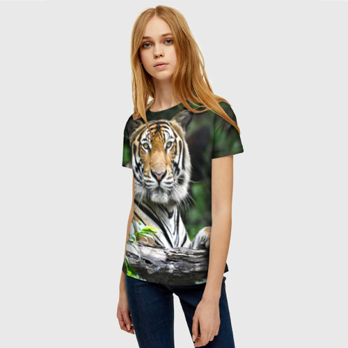 Женская футболка 3D с принтом Тигр в джунглях, фото на моделе #1
