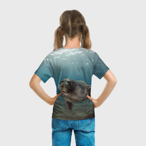 Детская футболка 3D с принтом Тюлень под водой, вид сзади #2