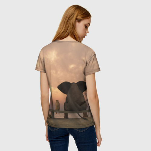 Женская футболка 3D с принтом Слон с собакой на лавке, закат, вид сзади #2