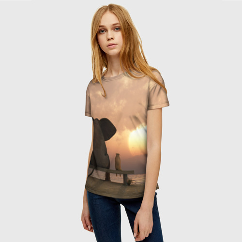 Женская футболка 3D с принтом Слон с собакой на лавке, закат, фото на моделе #1