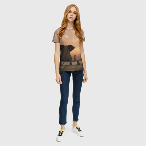 Женская футболка 3D с принтом Слон с собакой на лавке, закат, вид сбоку #3
