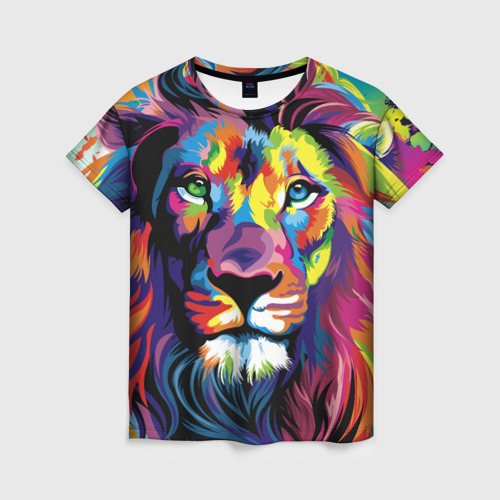 Женская футболка 3D с принтом Красочный лев, вид спереди #2