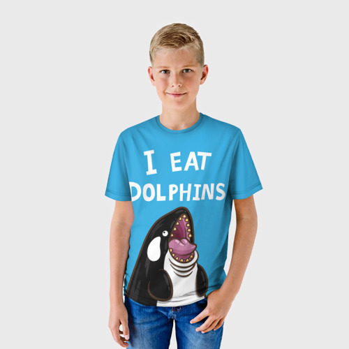 Детская футболка 3D с принтом Я ем дельфинов, фото на моделе #1