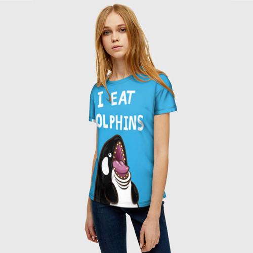 Женская футболка 3D с принтом Я ем дельфинов, фото на моделе #1