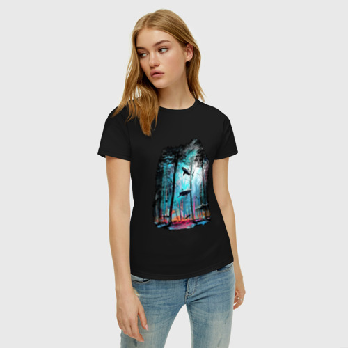 Женская футболка хлопок с принтом Подводный мир лес с акулами, фото на моделе #1