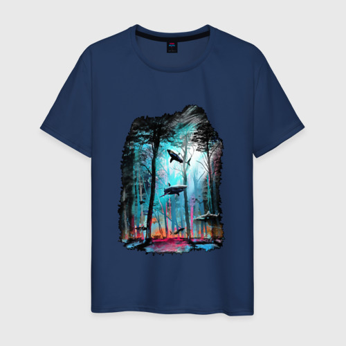 Мужская футболка хлопок с принтом Подводный мир лес с акулами, вид спереди #2