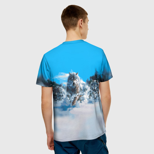 Мужская 3D футболка с принтом Волчья охота, вид сзади #2