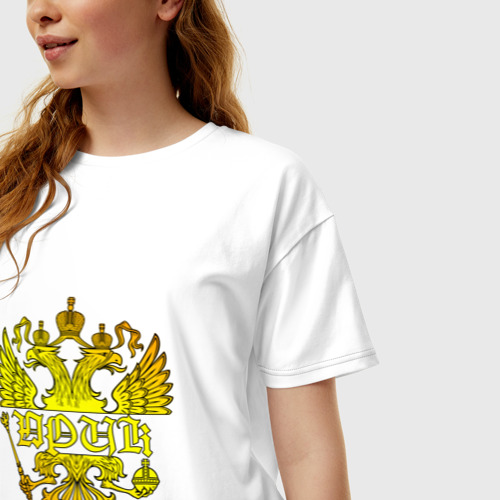 Женская футболка oversize с принтом Юрик в золотом гербе РФ, фото на моделе #1