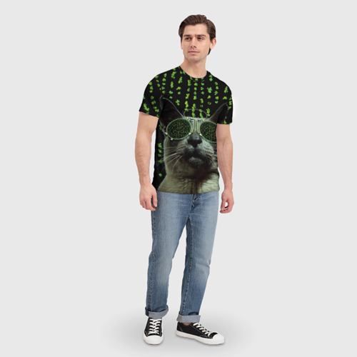Мужская 3D футболка с принтом Кот в матрице, вид сбоку #3