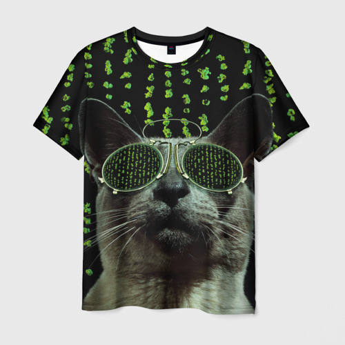Мужская 3D футболка с принтом Кот в матрице, вид спереди #2