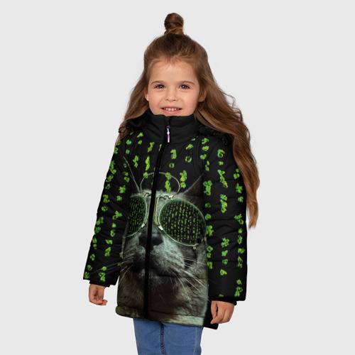 Зимняя куртка для девочек 3D с принтом Кот в матрице, фото на моделе #1