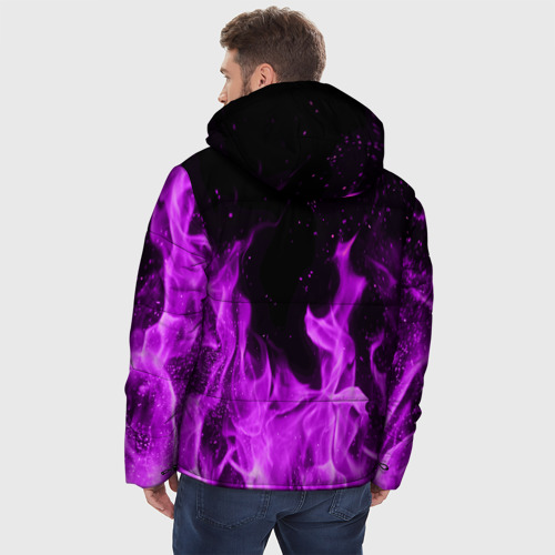 Мужская зимняя куртка 3D с принтом Фиолетовый огонь violet flame neon, вид сзади #2