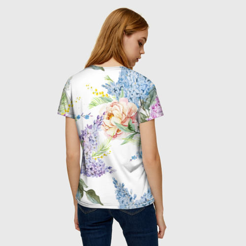 Женская футболка 3D с принтом Сирень и Пионы, вид сзади #2