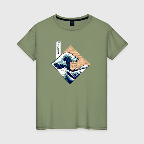 Женская футболка хлопок с принтом Большая волна в Канагаве, вид спереди #2