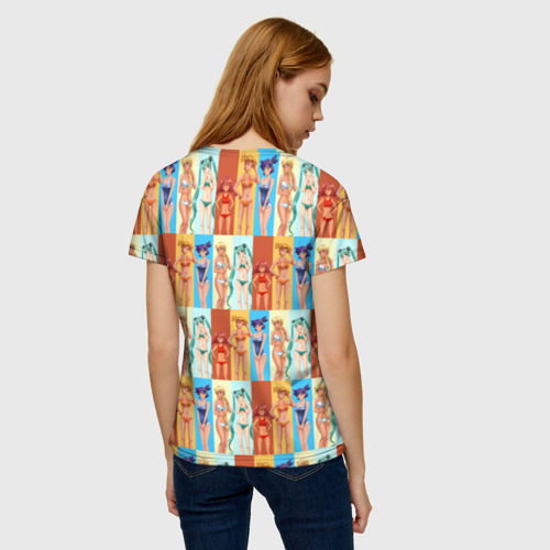 Женская футболка 3D с принтом Бесконечно лето - паттерн с героинями, вид сзади #2