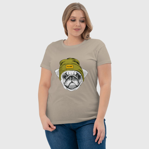 Женская футболка хлопок с принтом Мопсик в шапочке, фото #4