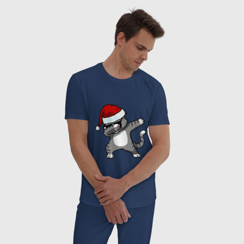 Мужская пижама хлопок с принтом Dab Cat Santa, фото на моделе #1