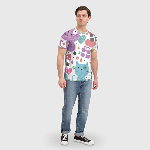 Мужская футболка 3D с принтом Яркие котики, вид сбоку #3