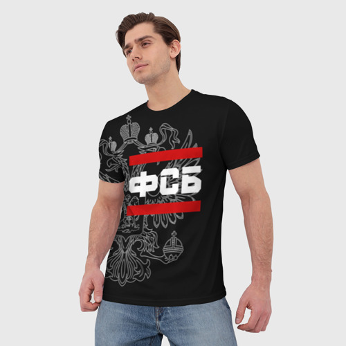 Мужская футболка 3D с принтом ФСБ белый герб РФ, фото на моделе #1
