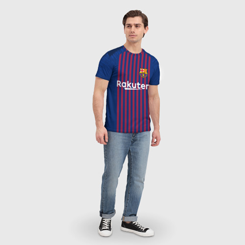 Мужская 3D футболка с принтом Messi home 18-19, вид сбоку #3